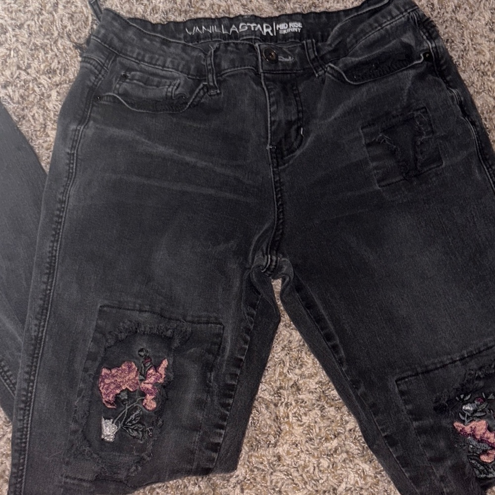Vanilla Star High Rise Black Jeans with Floral Pink Details